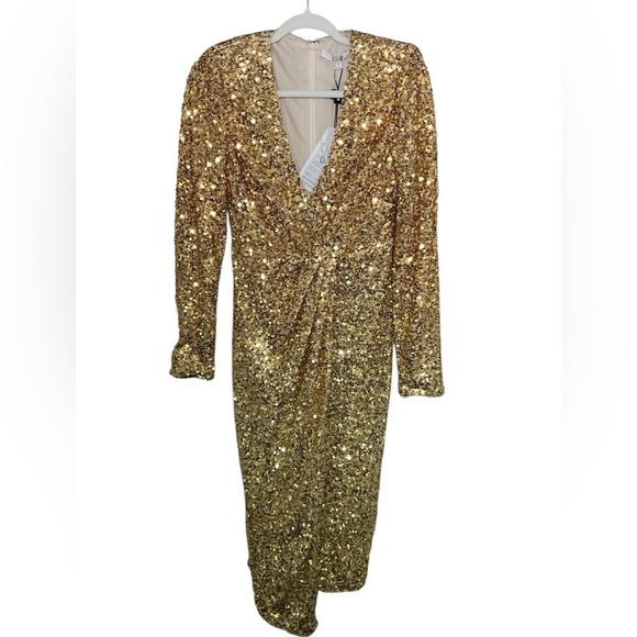 Badgley Mischka Modele Gold Sequin Midi Dress - Picture 1 of 7
